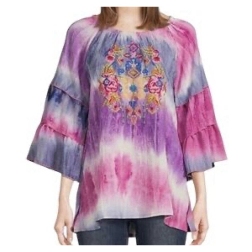Calessa Tie Dye Print Floral Embroidered 3/4 Tiered Sleeve Tunic Shirt Sz 2X